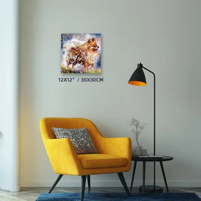 Pomeranian watercolor painting with butterflies on canvas, part of the "Wings of Life Series," displayed in a modern living room setting.