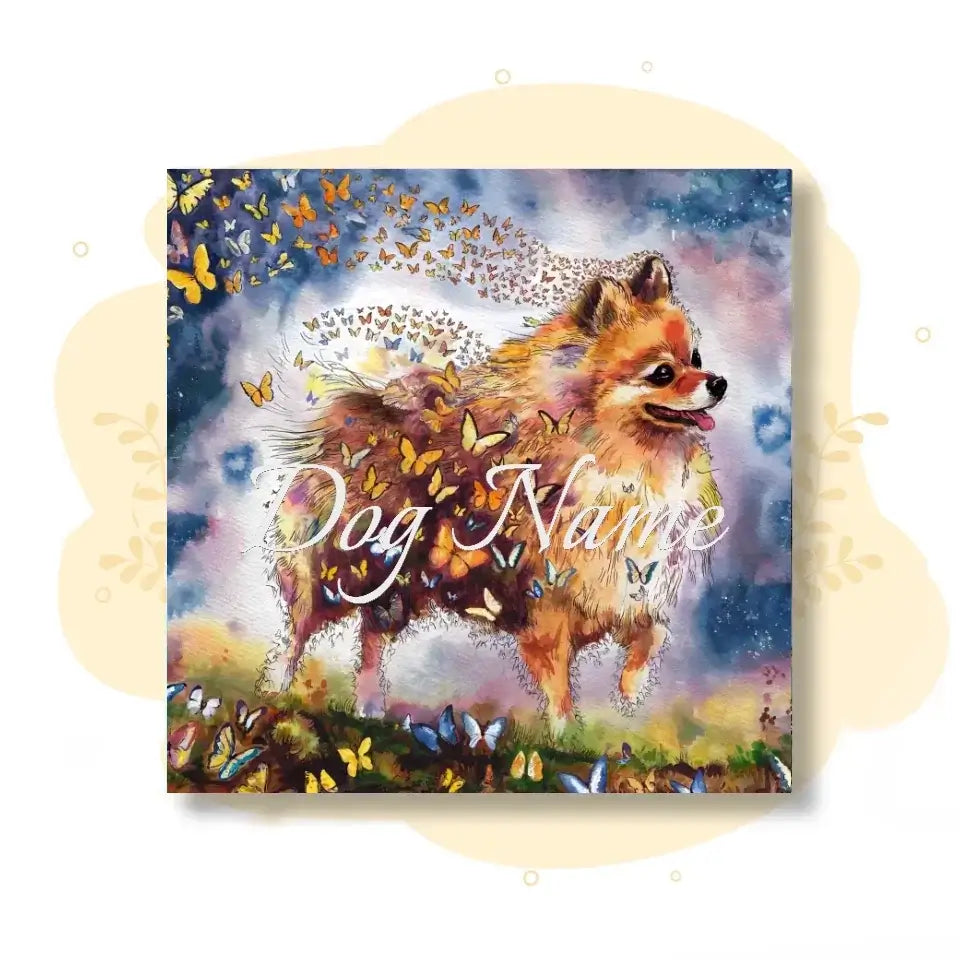 Pomeranian watercolor painting with butterflies, part of the "Wings of Life Series," ideal for pet lovers' home decor.