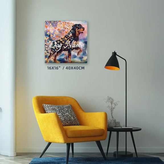 "Rottweiler Memorial Watercolor Canvas with Butterflies in Modern Living Room Setting"