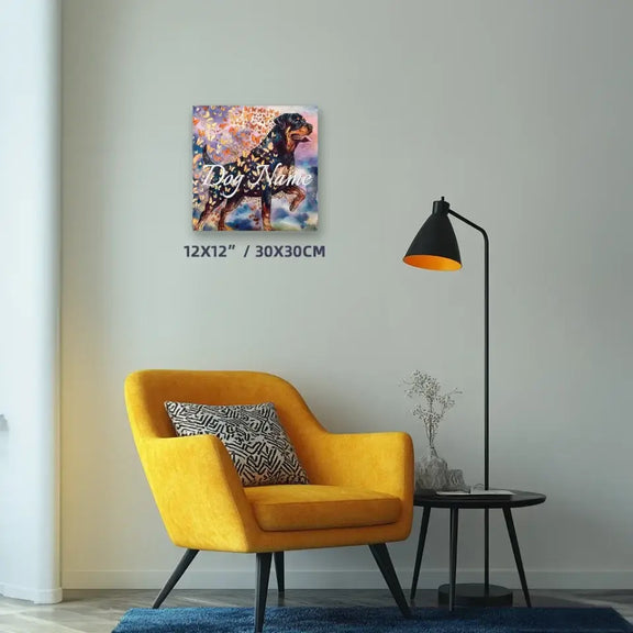 Watercolor Rottweiler memorial painting on wall with vibrant butterflies, next to a cozy yellow chair and modern black lamp.