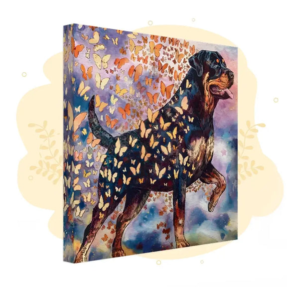 Rottweiler Memorial Watercolor Canvas with Butterflies, symbolizing life and comfort, part of Wings of Life Series, wall decor.