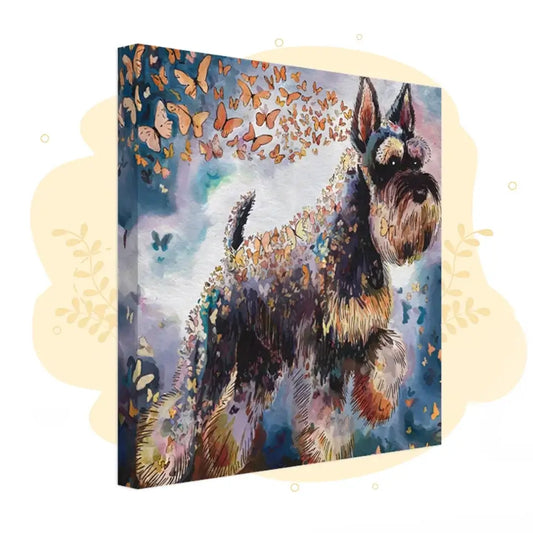 Watercolor Schnauzer portrait canvas with butterflies, from "Wings of Life Series," capturing the dog's charm and life vitality.