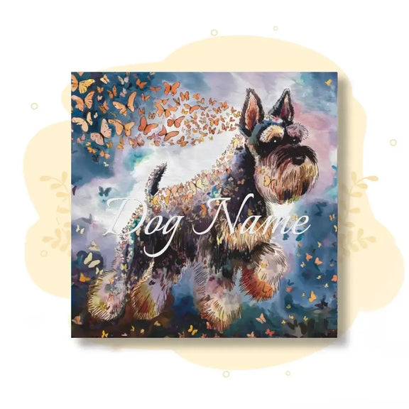 Watercolor Schnauzer portrait with butterflies, capturing charm and vitality in soft colors. Perfect Schnauzer art for home decor.