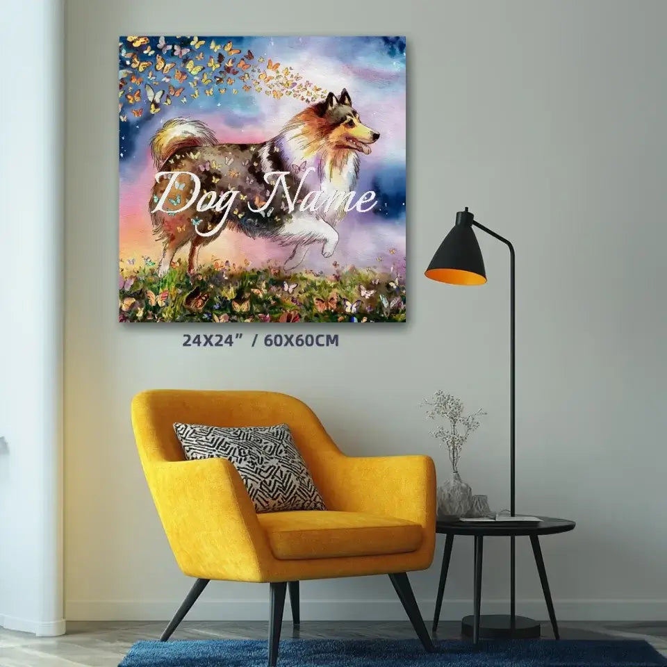 Shetland Sheepdog watercolor canvas with butterflies, personalized design, vibrant home decor over yellow chair in modern room.