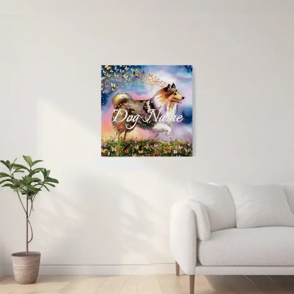 Shetland Sheepdog watercolor painting with butterflies on canvas in living room, customizable pet art decor.