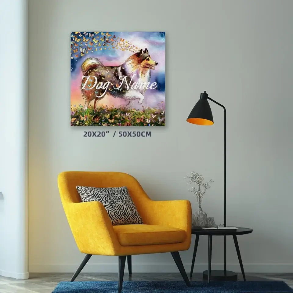 Shetland Sheepdog watercolor painting with butterflies on canvas, personalized home decor, 20x20 inches, displayed in living room.