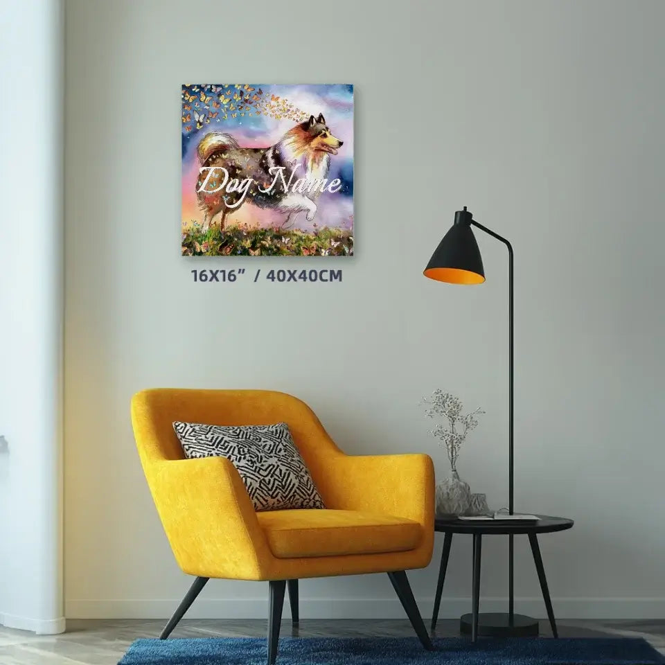 Shetland Sheepdog watercolor canvas with butterflies, perfect for pet lovers' home decor, part of the "Wings of Life Series."