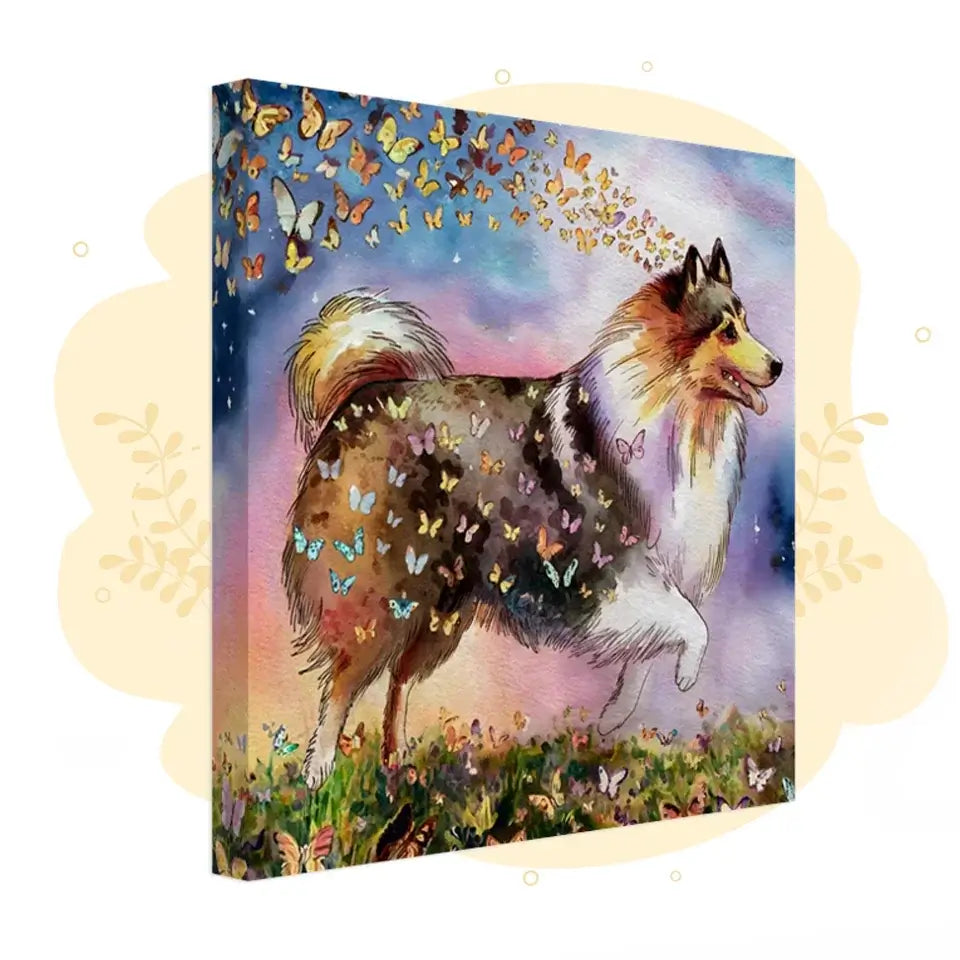 Shetland Sheepdog watercolor canvas with butterflies, capturing elegance and loyalty in vibrant colors, perfect for pet lovers.