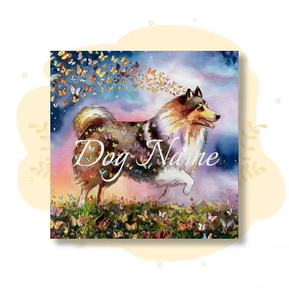 Shetland Sheepdog watercolor canvas with butterflies, Wings of Life Series, customizable with pet name, perfect for home decor.