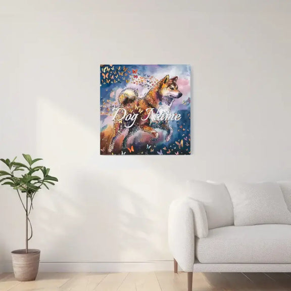 Shiba Inu watercolor canvas art with butterflies on wall above sofa, from Wings of Life Series.