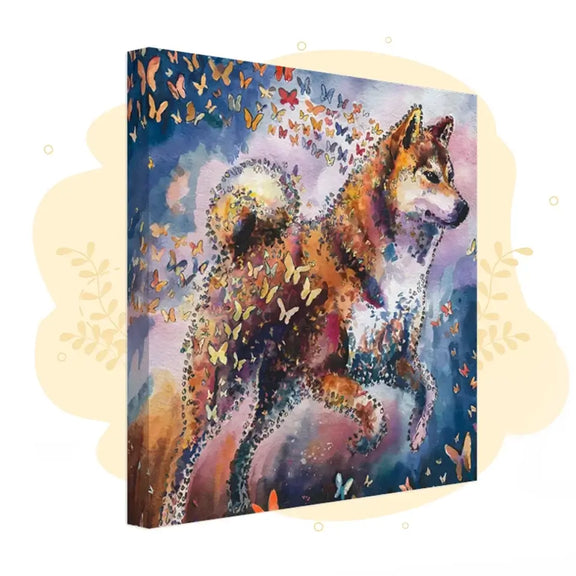 Shiba Inu watercolor canvas art with butterflies from the "Wings of Life Series" captures the lively spirit and beauty of life.