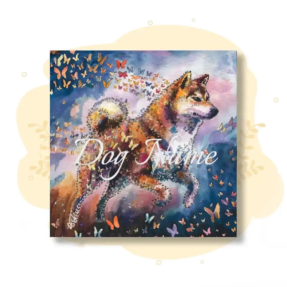 Shiba Inu watercolor canvas art with butterflies from Wings of Life Series, capturing the breed's lively spirit. Perfect pet lover gift.