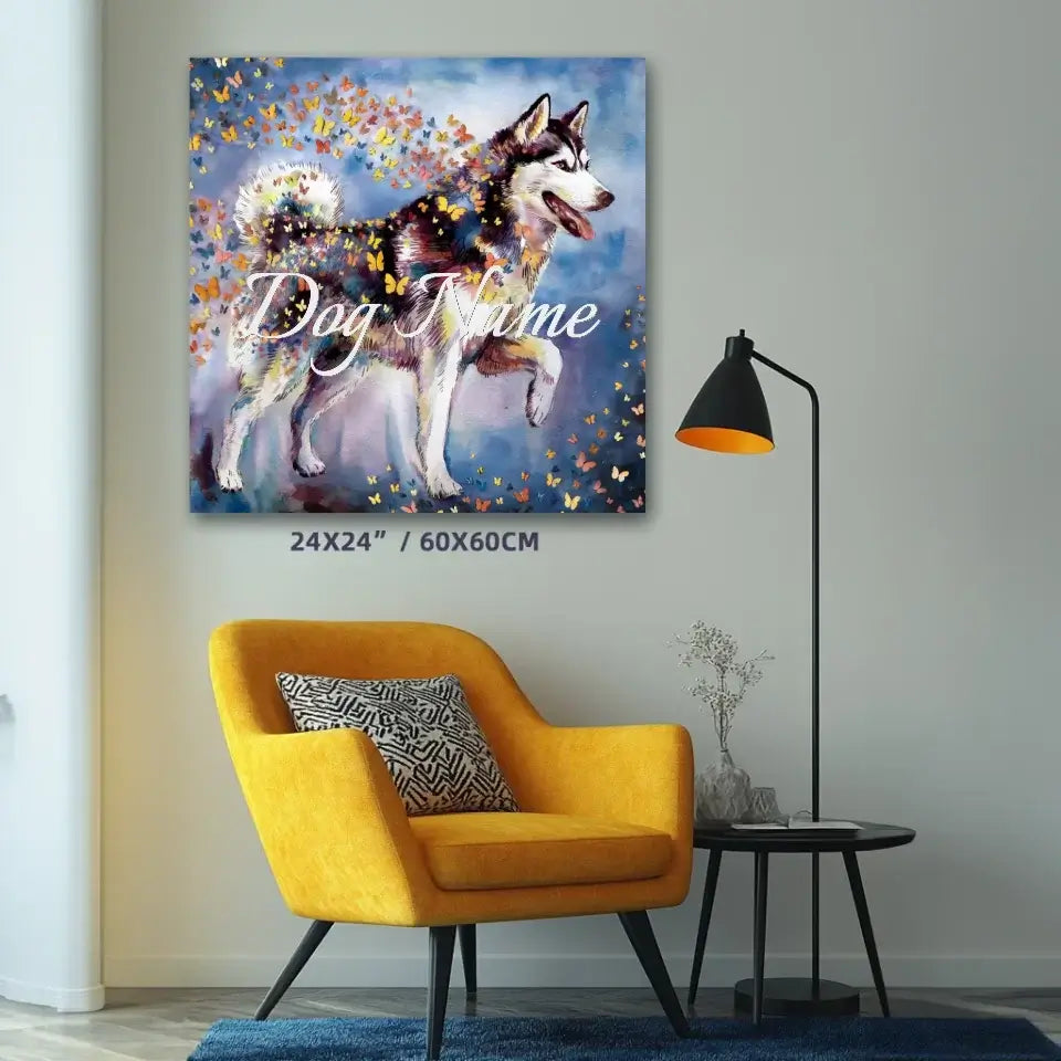 Siberian Husky watercolor canvas with butterflies, 24x24 inches, displayed in living room with yellow armchair.