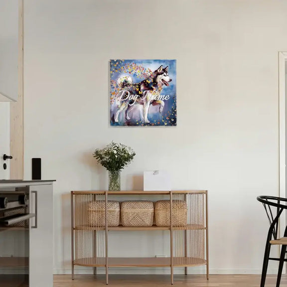 Siberian Husky watercolor canvas painting with butterflies, part of the "Wings of Life Series," displayed in a modern home setting.