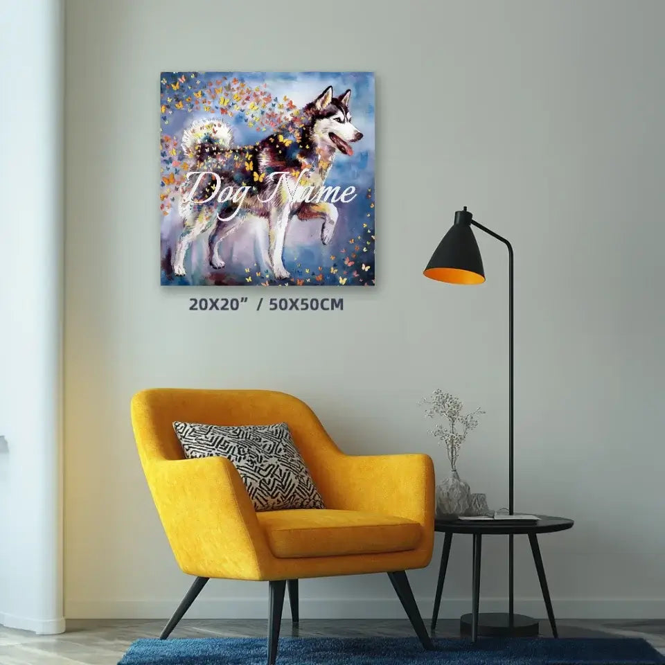 Siberian Husky watercolor painting with butterflies on canvas, displayed in modern living room.