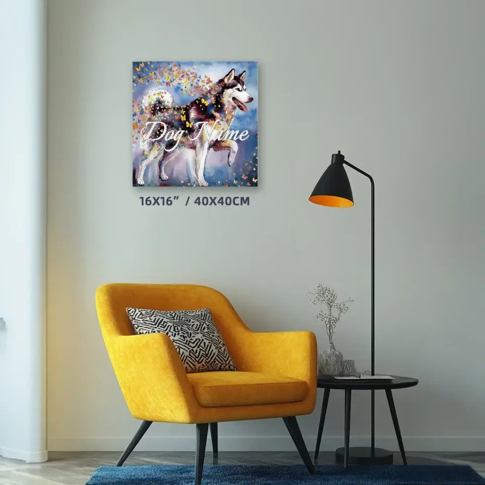 Siberian Husky watercolor canvas with butterflies displayed in a modern living room setting.