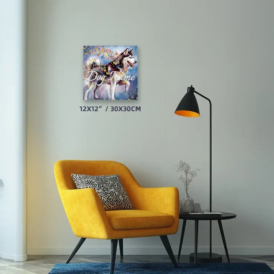 Siberian Husky watercolor canvas painting with butterflies, displayed above a yellow chair in a stylish modern room.