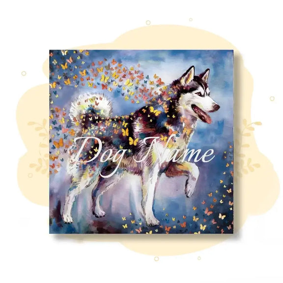 Siberian Husky watercolor canvas with butterflies from Wings of Life Series, ideal for home decor and pet lover gifts.