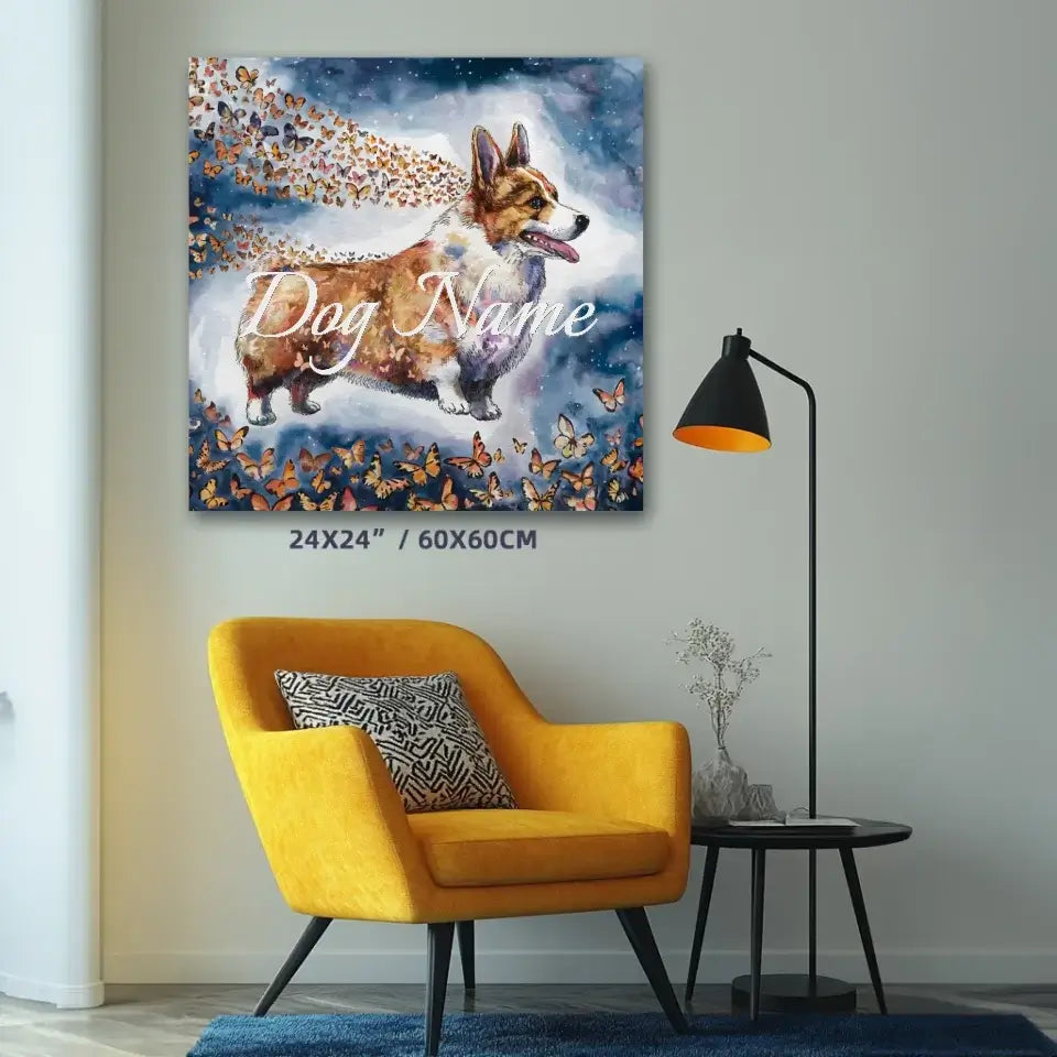 Welsh Corgi watercolor painting with butterflies on canvas in modern living room decor