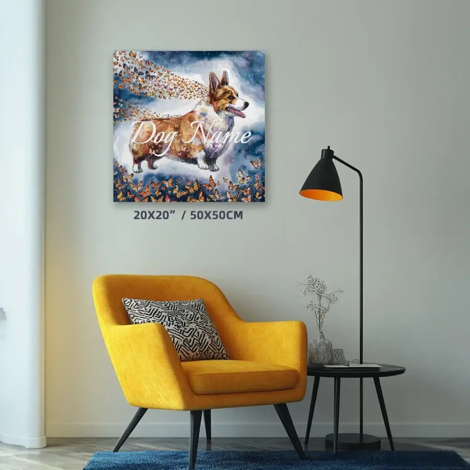 Welsh Corgi watercolor painting with butterflies, displayed in modern home decor setting, "Wings of Life Series," vibrant 20x20 canvas