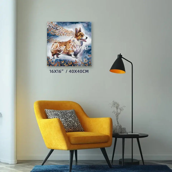 Welsh Corgi watercolor painting with butterflies on canvas hangs above a modern living room with a yellow armchair.