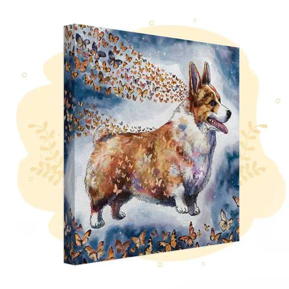 Welsh Corgi watercolor painting on canvas with butterflies, capturing the cheerful and playful nature of the breed in vibrant colors.