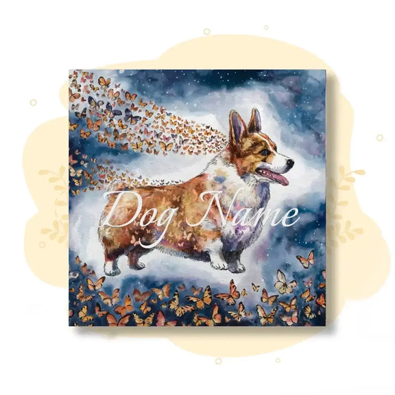 Welsh Corgi watercolor painting with butterflies on canvas from the Wings of Life Series