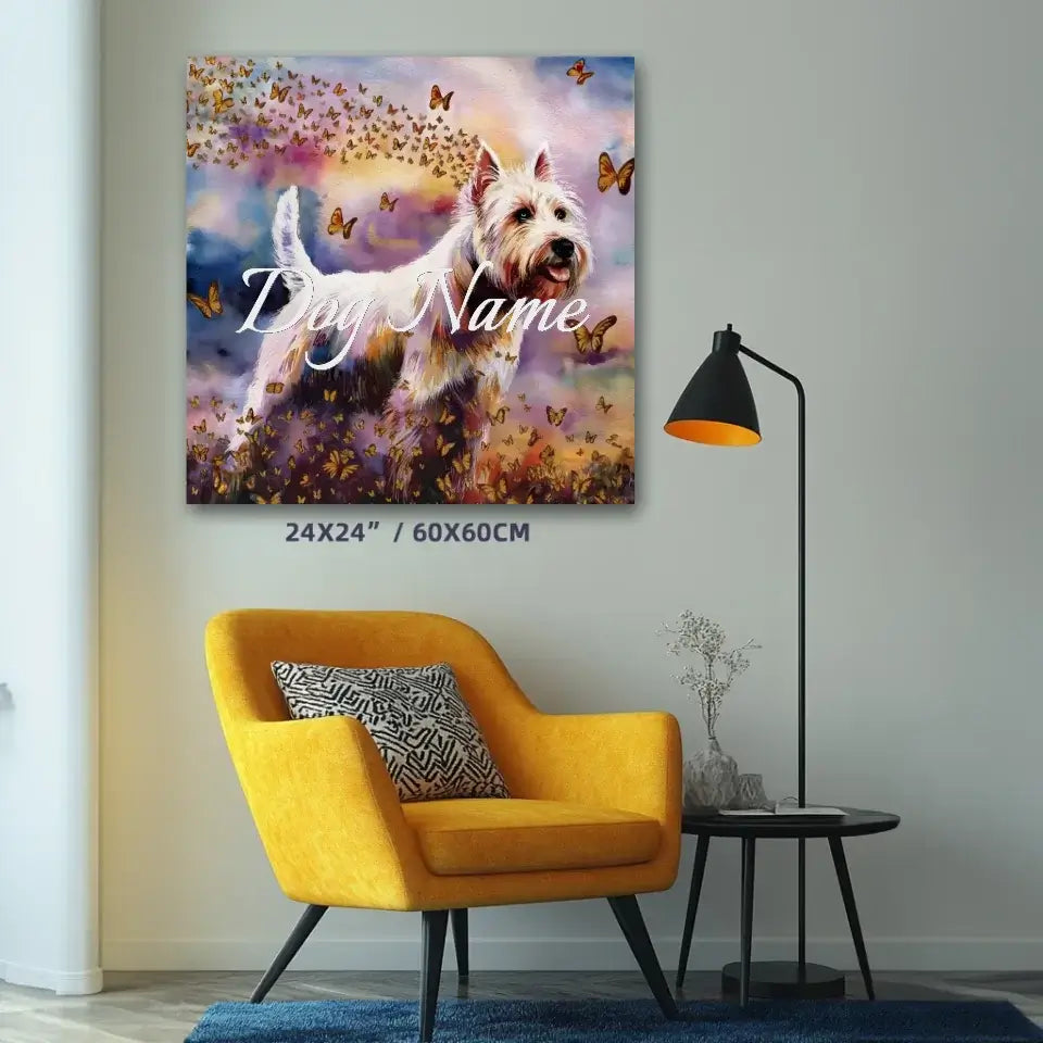 West Highland White Terrier watercolor canvas with butterflies, vibrant colors, ideal for home decor, 24x24 inches.