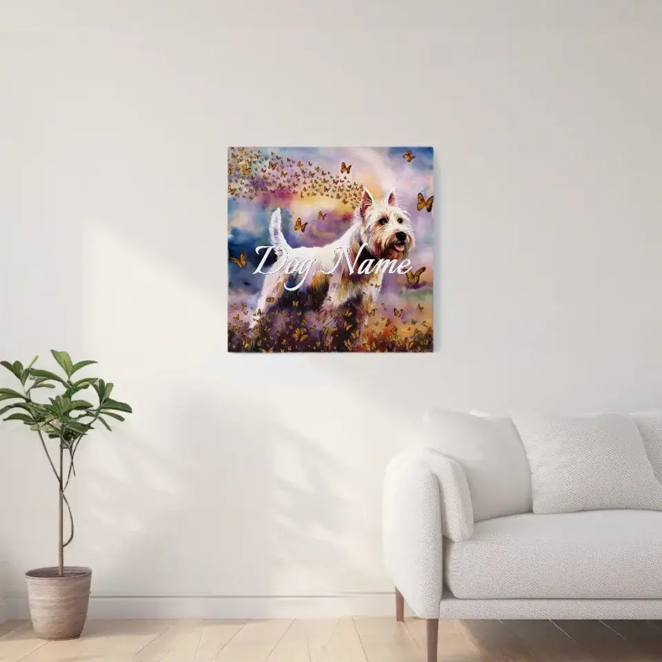 West Highland White Terrier watercolor canvas with butterflies, ideal for home decor or pet lovers' gifts.