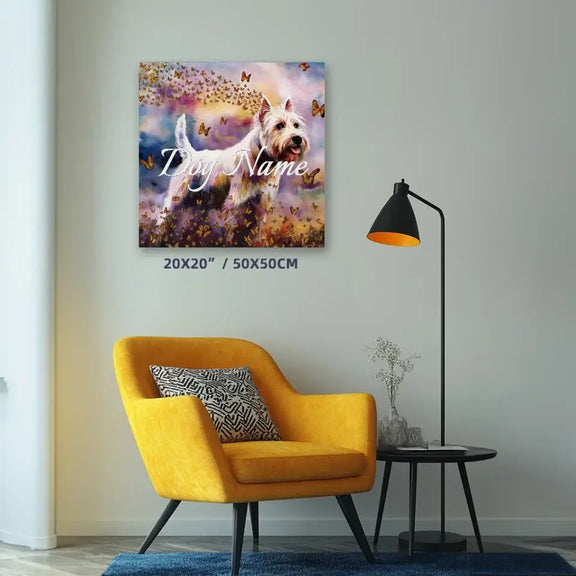 West Highland White Terrier watercolor canvas with butterflies on display in modern living room