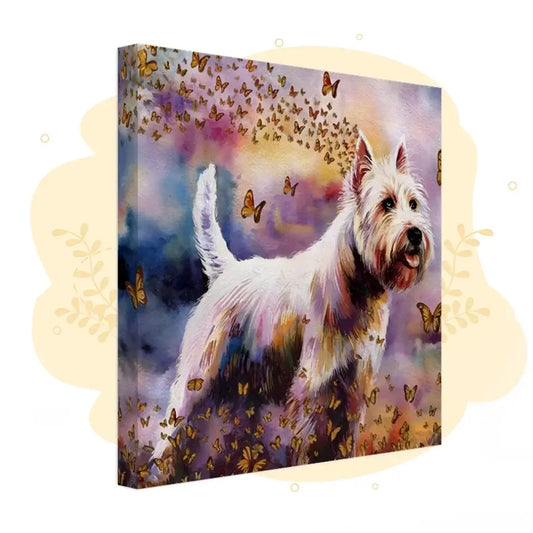 West Highland White Terrier watercolor painting with butterflies, home decor, vibrant colors, Wings of Life Series canvas art.