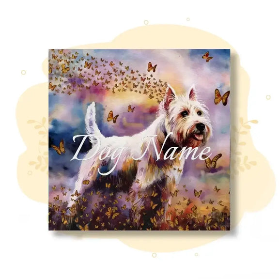 West Highland White Terrier watercolor painting with butterflies, vibrant colors, and intricate brushstrokes from the Wings of Life Series