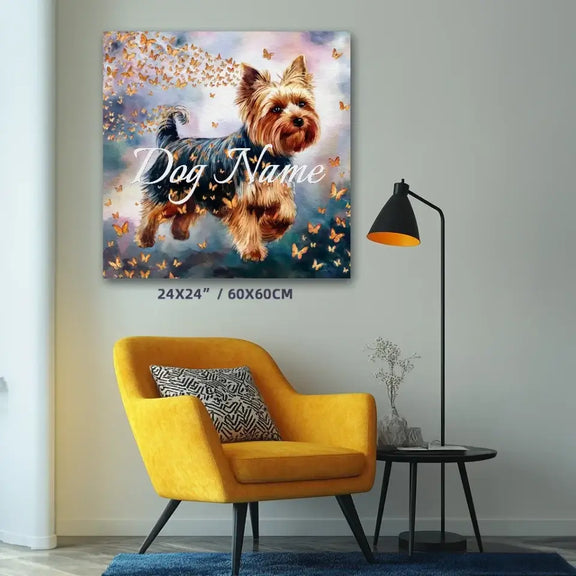 Yorkshire Terrier watercolor portrait with butterflies, 24x24 canvas, elegant and playful home decor from Wings of Life Series.