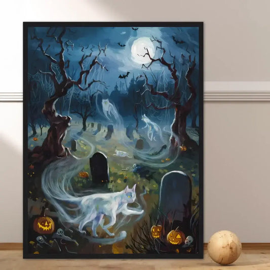 Ghostly Wayfarers Feline Whispers framed poster featuring ethereal cats among tombstones under a full moon on Halloween night