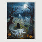 Ghostly Wayfarers framed poster with spectral cats among tombstones, full moon, and Halloween night scene.