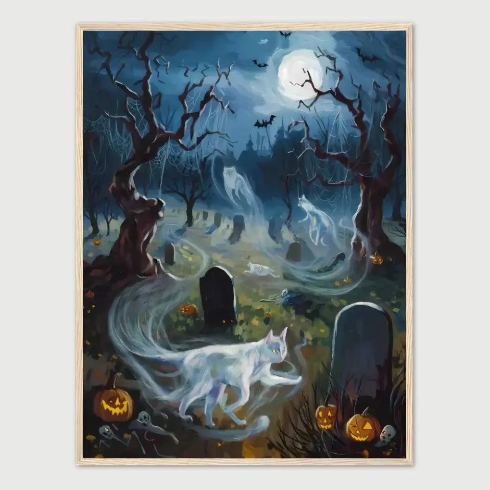 Ghostly cats glide through a haunted graveyard under a full moon in "Feline Whispers" framed poster, evoking mystery and allure.