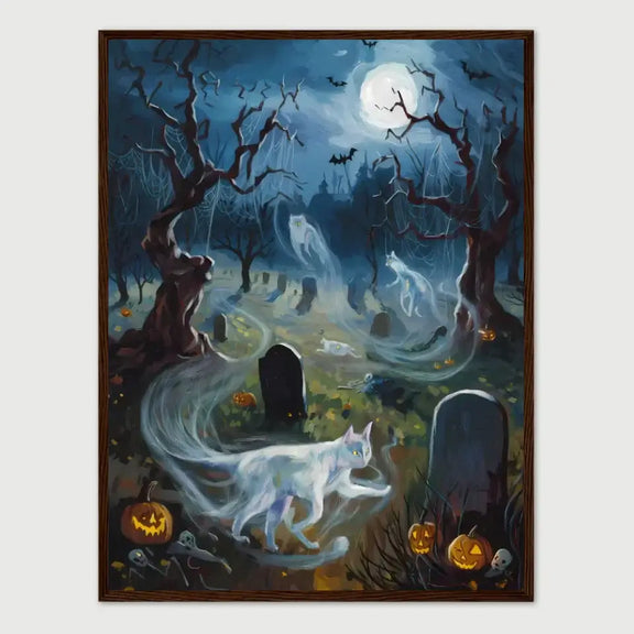 Ghostly Wayfarers: Feline Whispers framed poster with spectral cats among tombstones and a full moon, creating a Halloween night scene.