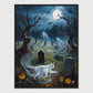 "Feline Whispers Cat Poster with Ghostly Cats Among Tombstones Under Full Moon"