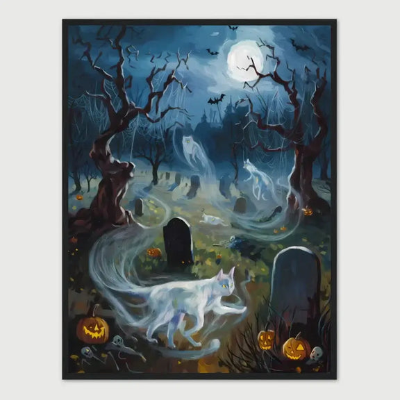 Ghostly cats glide through an ancient graveyard under a full moon in this Feline Whispers framed poster, capturing Halloween mystery and elegance.