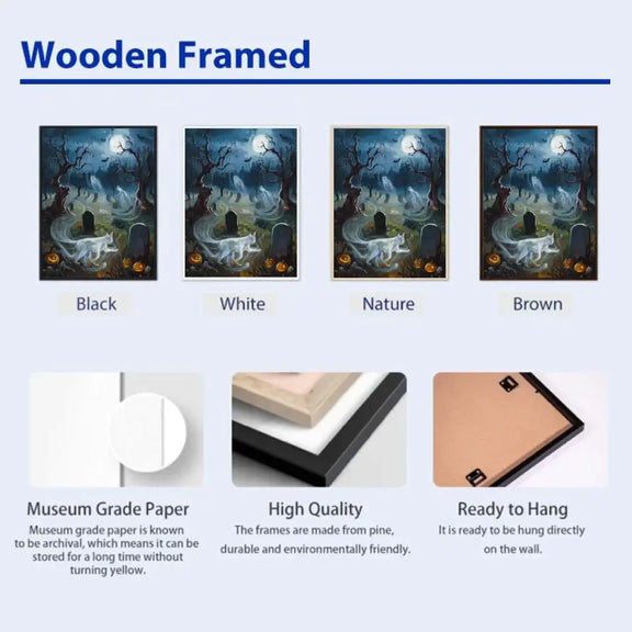 Wooden framed Ghostly Wayfarers Feline Whispers posters in black, white, nature, and brown frames with museum-grade paper and high quality.