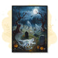 Ghostly cats glide among tombstones under a full moon in a Halloween-themed "Feline Whispers" framed poster.