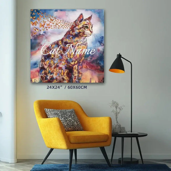 American Shorthair Watercolor Cat Painting on Canvas in Modern Living Room