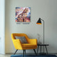 American Shorthair watercolor cat painting on canvas displayed in modern living room with yellow chair