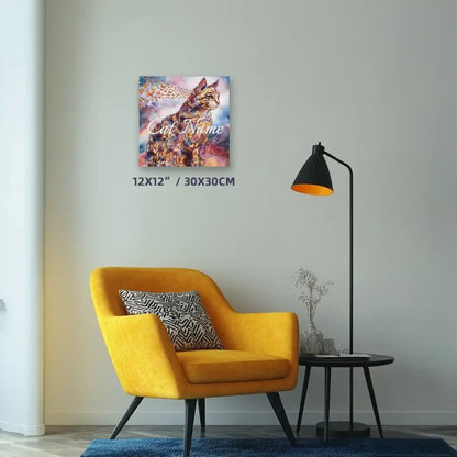 American Shorthair watercolor cat painting on canvas hung in modern living room with yellow armchair and black floor lamp