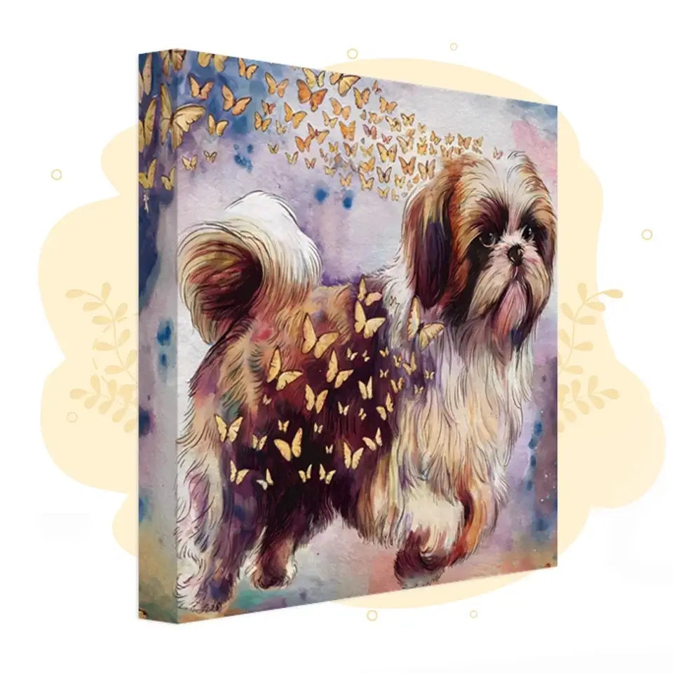 Shih Tzu watercolor painting with butterflies, capturing the playful essence of the breed in soft colors, perfect for wall decor.