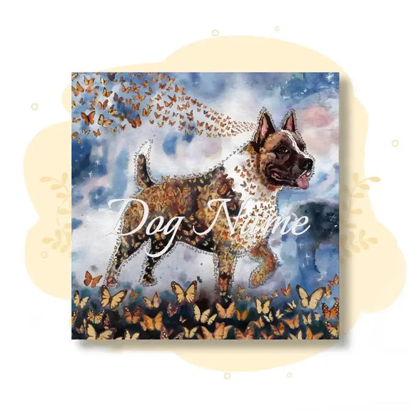 Watercolor canvas of an American Staffordshire Terrier with butterflies from the "Wings of Life Series," illustrating life's transformation.