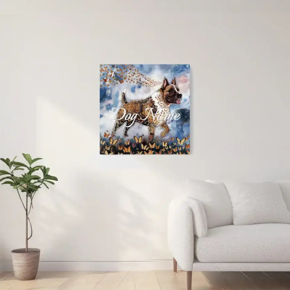 Watercolor painting of American Staffordshire Terrier with butterflies, from "Wings of Life Series," displayed on a modern room wall.