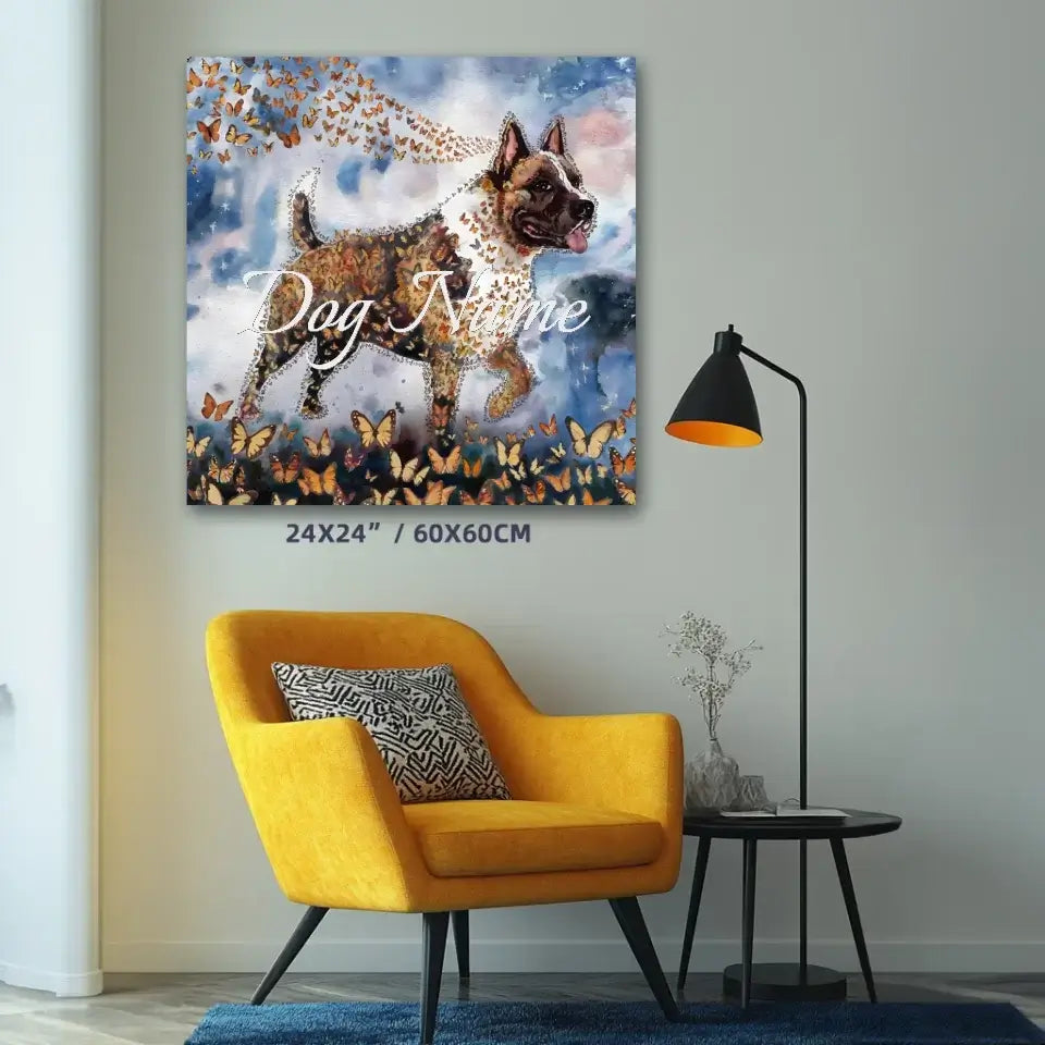 Staffordshire Terrier watercolor painting with butterflies, 24x24 inch canvas, displayed above a yellow chair in a modern living room.