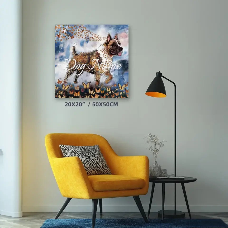 Watercolor painting of an American Staffordshire Terrier with butterflies, part of the "Wings of Life Series," on a canvas in living room.