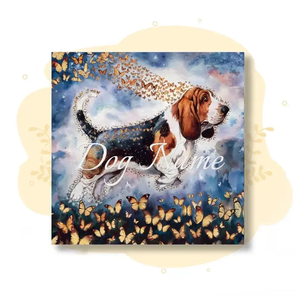 Basset Hound watercolor canvas art with butterflies from the Wings of Life Series, showcasing nature's harmony and pet loyalty.